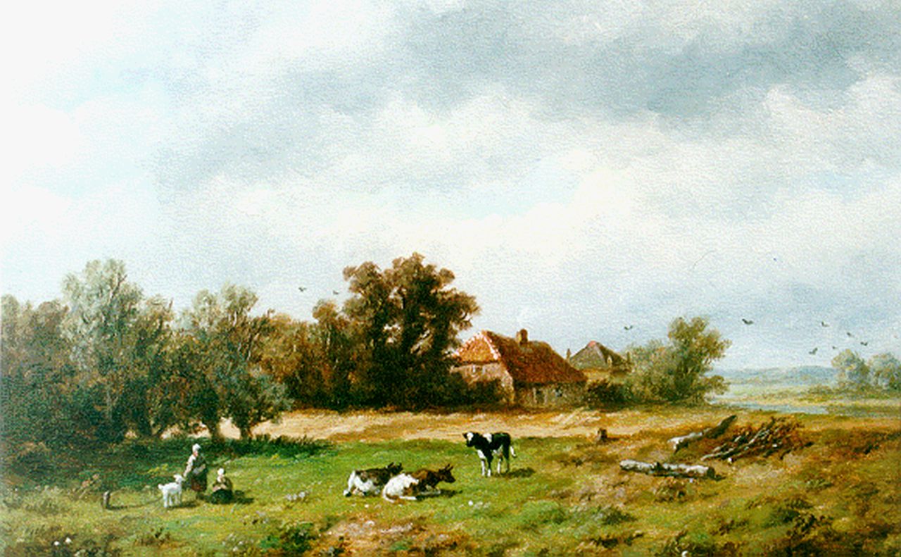 Wijngaerdt A.J. van | Anthonie Jacobus van Wijngaerdt, A peasant girl and cattle in a landscape, oil on panel 23.6 x 36.0 cm, signed l.r.