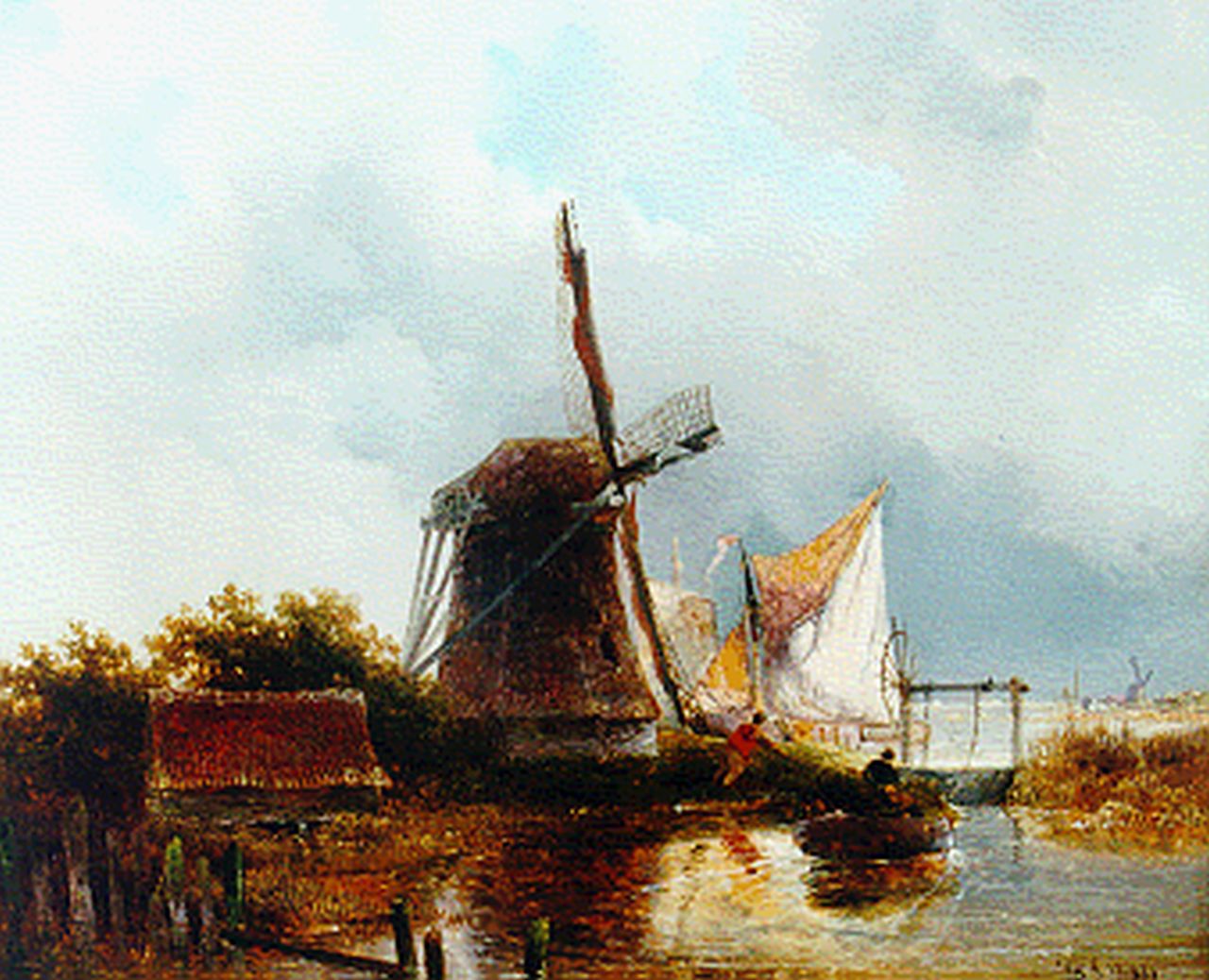 Roelofs W.  | Willem Roelofs, A river landscape with windmill, oil on panel 23.7 x 28.8 cm, signed l.r. with monogram and dated 1841