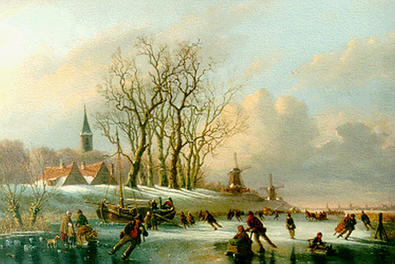 Meijier A.A. de | Anthony Andreas de Meijier, Skaters on a frozen waterway, oil on panel 45.7 x 67.6 cm