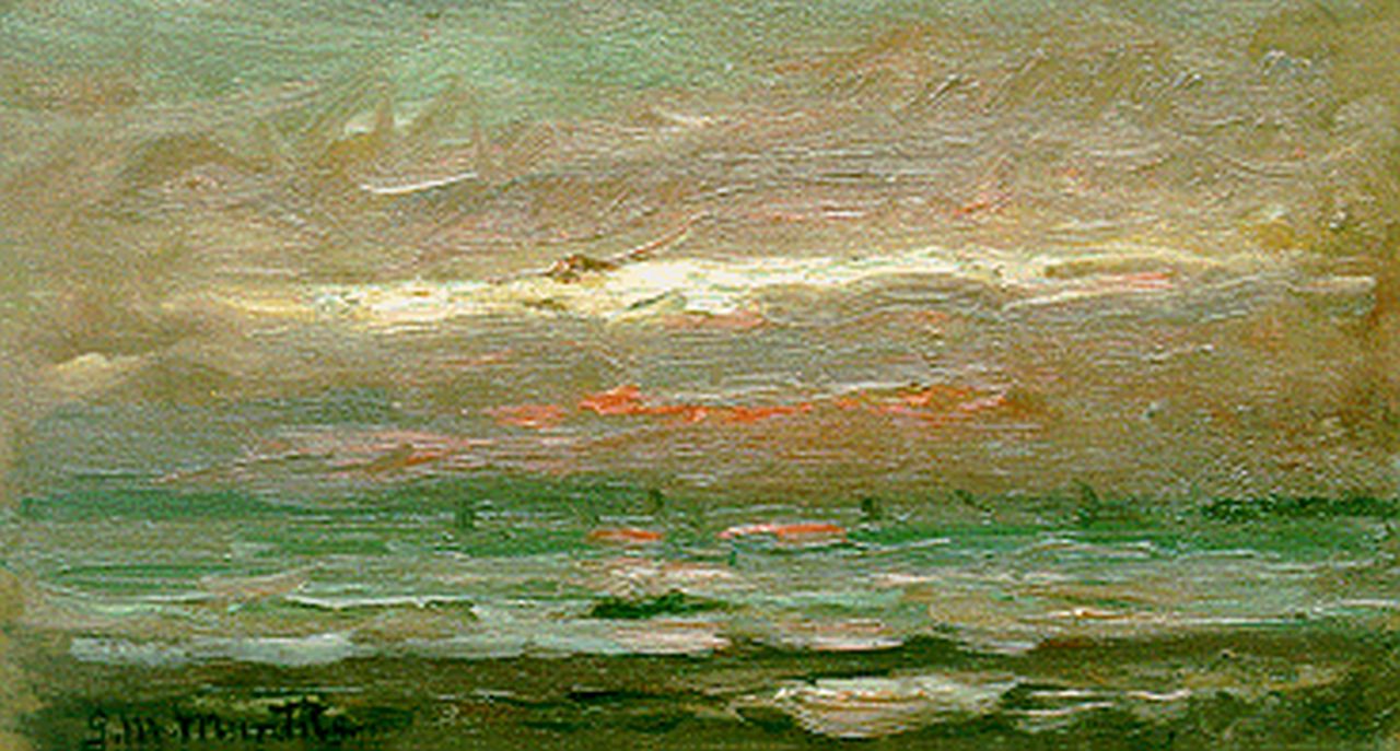 Munthe G.A.L.  | Gerhard Arij Ludwig 'Morgenstjerne' Munthe, Seascape by sunset, oil on panel 12.0 x 21.2 cm, signed l.l.