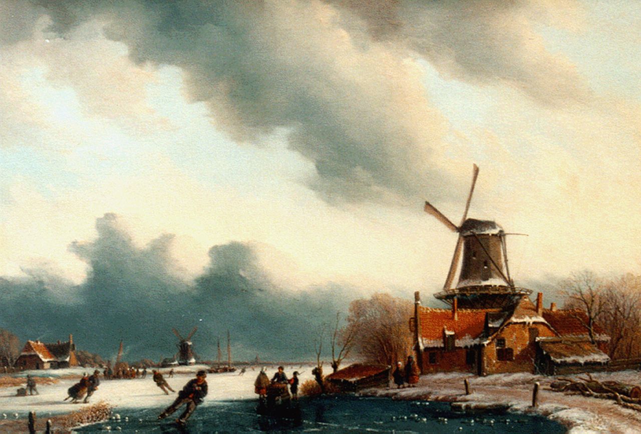 Meijier A.A. de | Anthony Andreas de Meijier, Skaters on a frozen waterway, oil on panel 36.8 x 51.2 cm, signed l.r.