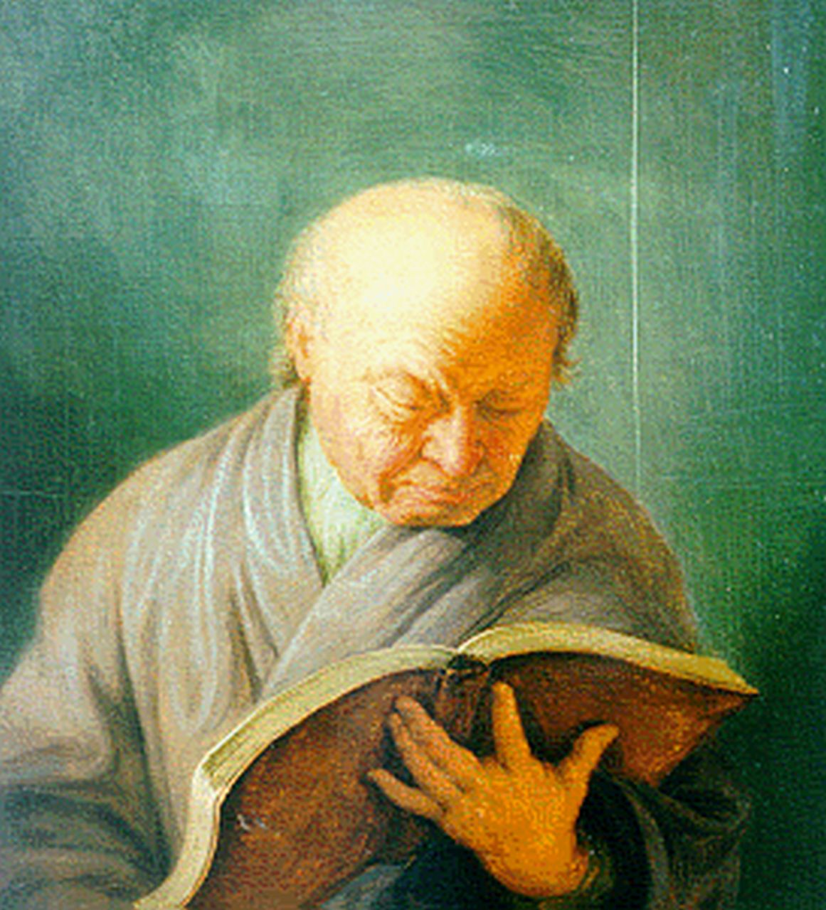 Mieris de Jonge F. van | Frans van Mieris de Jonge, Elderly man with a book, oil on panel 18.2 x 16.8 cm, signed on the reverse and dated 1740