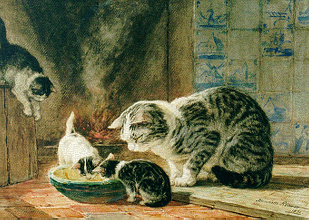 Ronner-Knip H.  | Henriette Ronner-Knip, Mother's care, watercolour on paper laid down on board 31.0 x 43.9 cm, signed l.r. and dated 1871