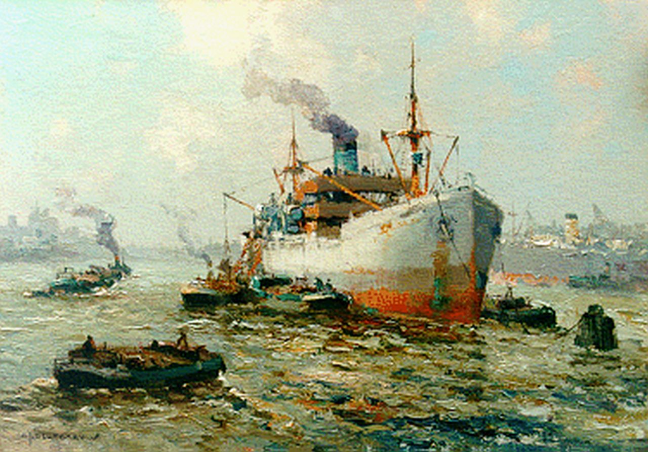 Delfgaauw G.J.  | Gerardus Johannes 'Gerard' Delfgaauw, A harbour view, Rotterdam, oil on canvas 35.0 x 50.0 cm, signed l.l.
