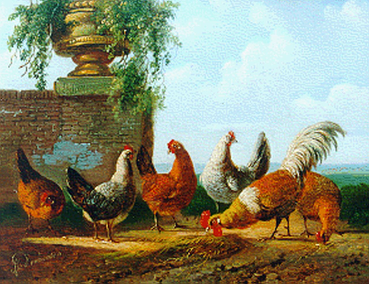 Verhoesen A.  | Albertus Verhoesen, A rooster and five chickens, oil on panel 12.5 x 15.5 cm, signed l.l.