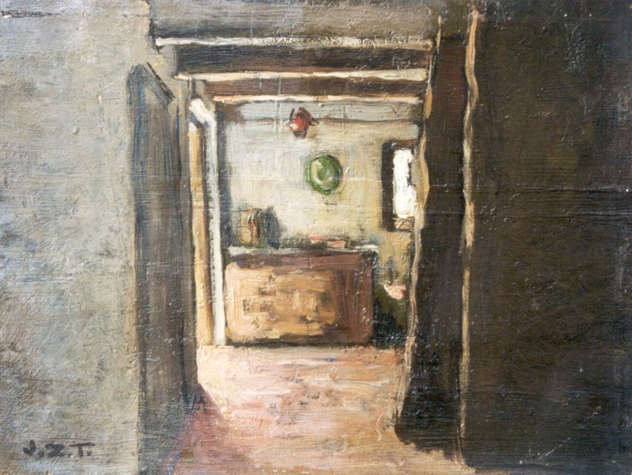 Zoetelief Tromp J.  | Johannes 'Jan' Zoetelief Tromp, Kitchen interior, oil on canvas laid down on cardboard 21.0 x 27.9 cm, signed l.l. with initials