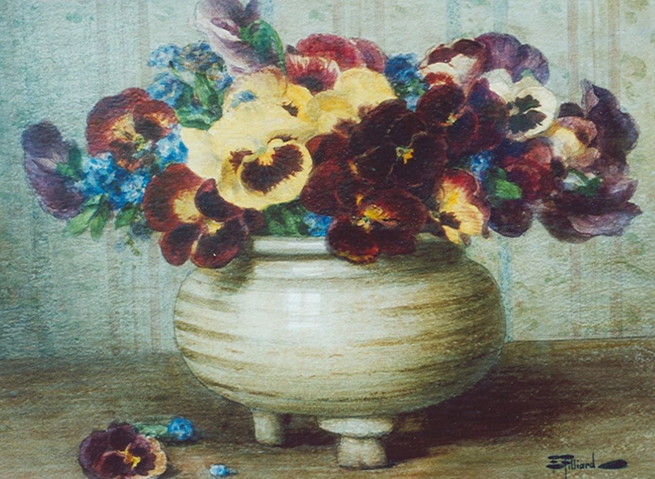 Filliard E.  | Ernest Filliard, Pansies in an earthenware pot, watercolour on paper 42.5 x 34.2 cm, signed l.r.