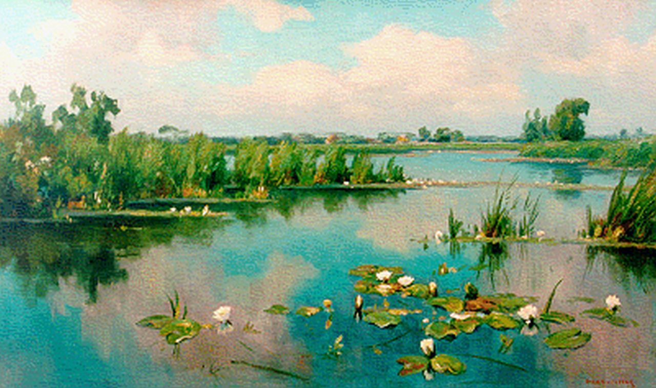 Beek B.A. van | Bernardus Antonie van Beek, A lake with water lilies, oil on canvas 54.8 x 90.3 cm, signed l.r.