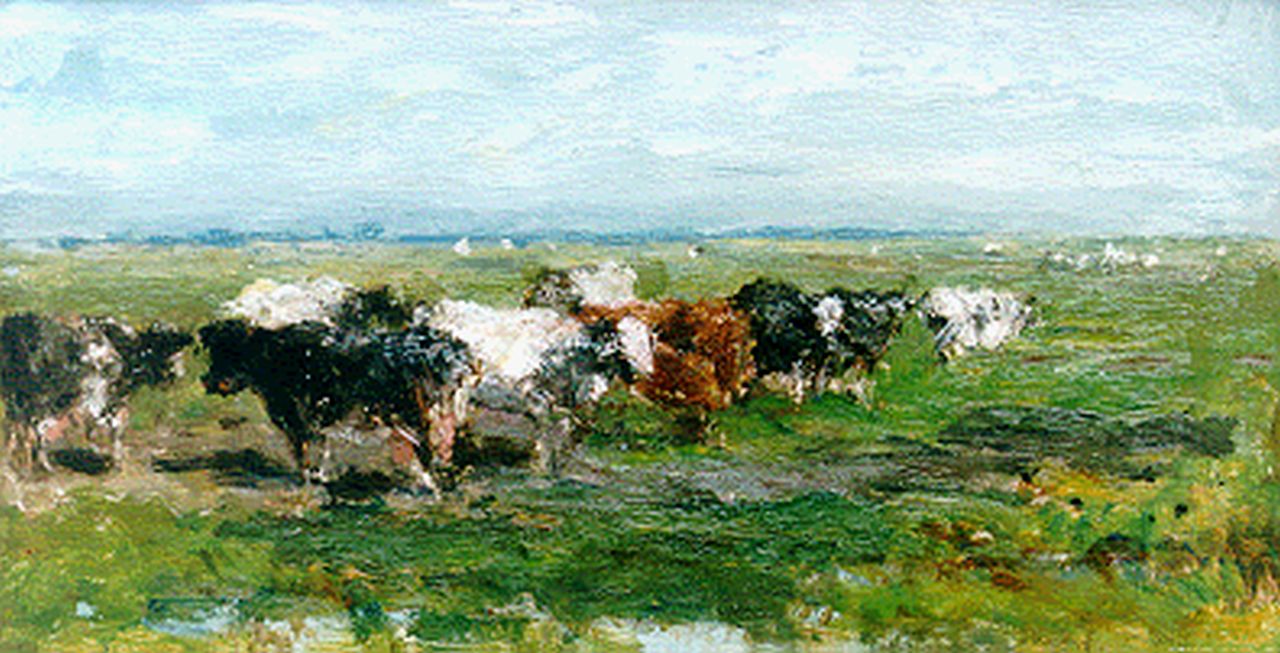 Roelofs W.  | Willem Roelofs, Cows in a meadow, oil on panel 17.8 x 32.2 cm