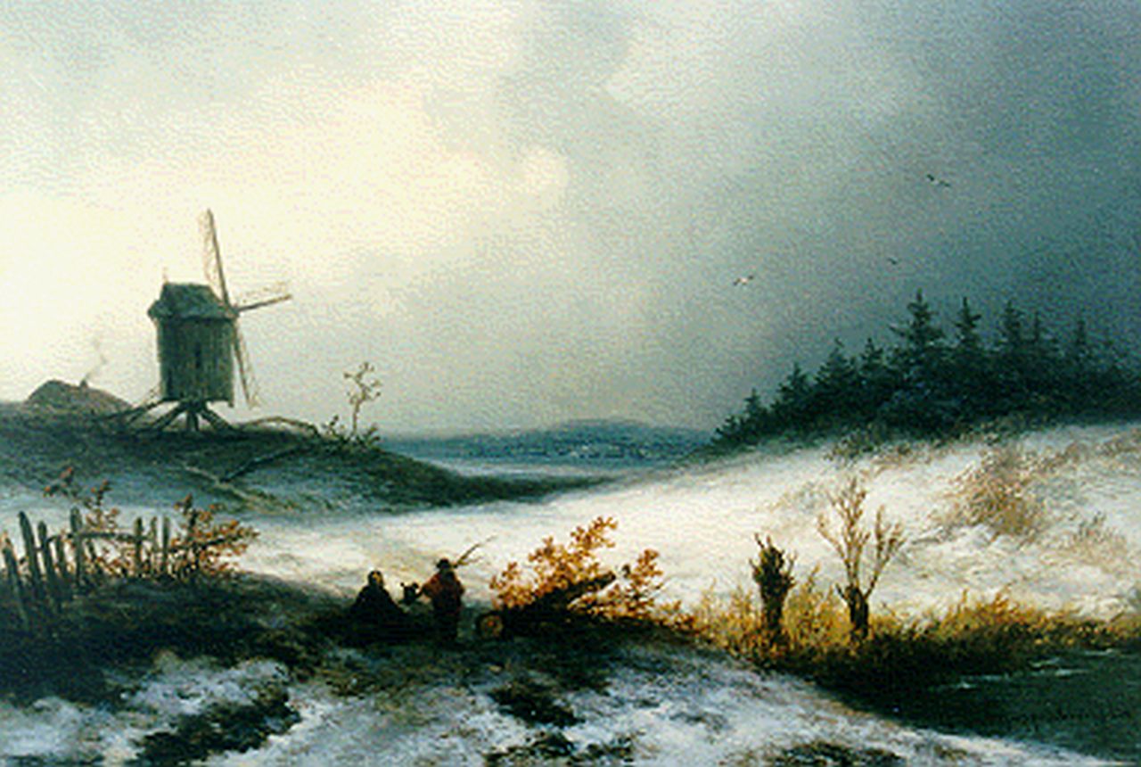 Hoppenbrouwers J.F.  | Johannes Franciscus Hoppenbrouwers, A winter landscape with windmill, oil on panel 17.0 x 24.8 cm, signed l.l.
