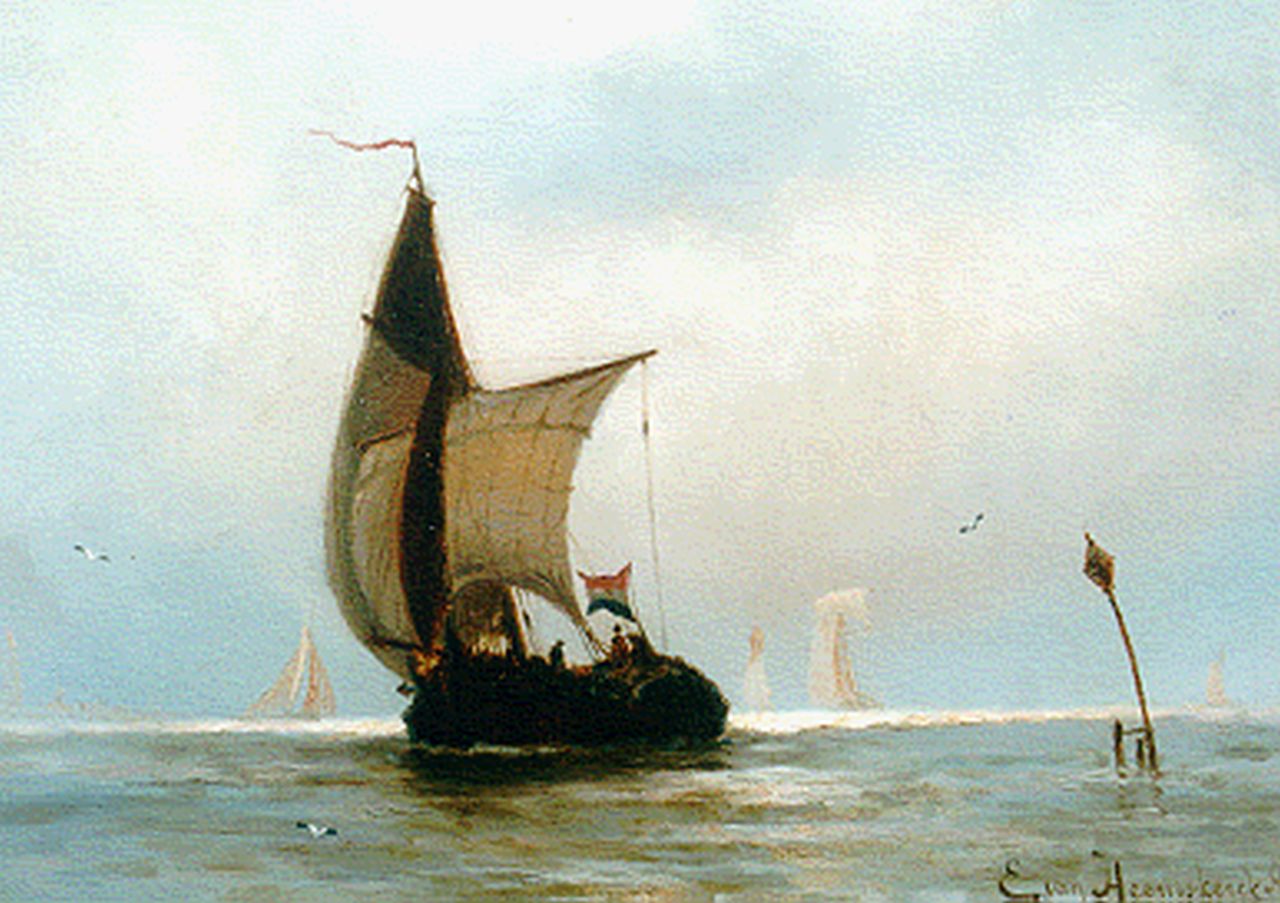 Heemskerck van Beest J.E. van | Jacob Eduard van Heemskerck van Beest, A Flatboat at Sea, oil on panel 25.0 x 34.5 cm, signed l.r.