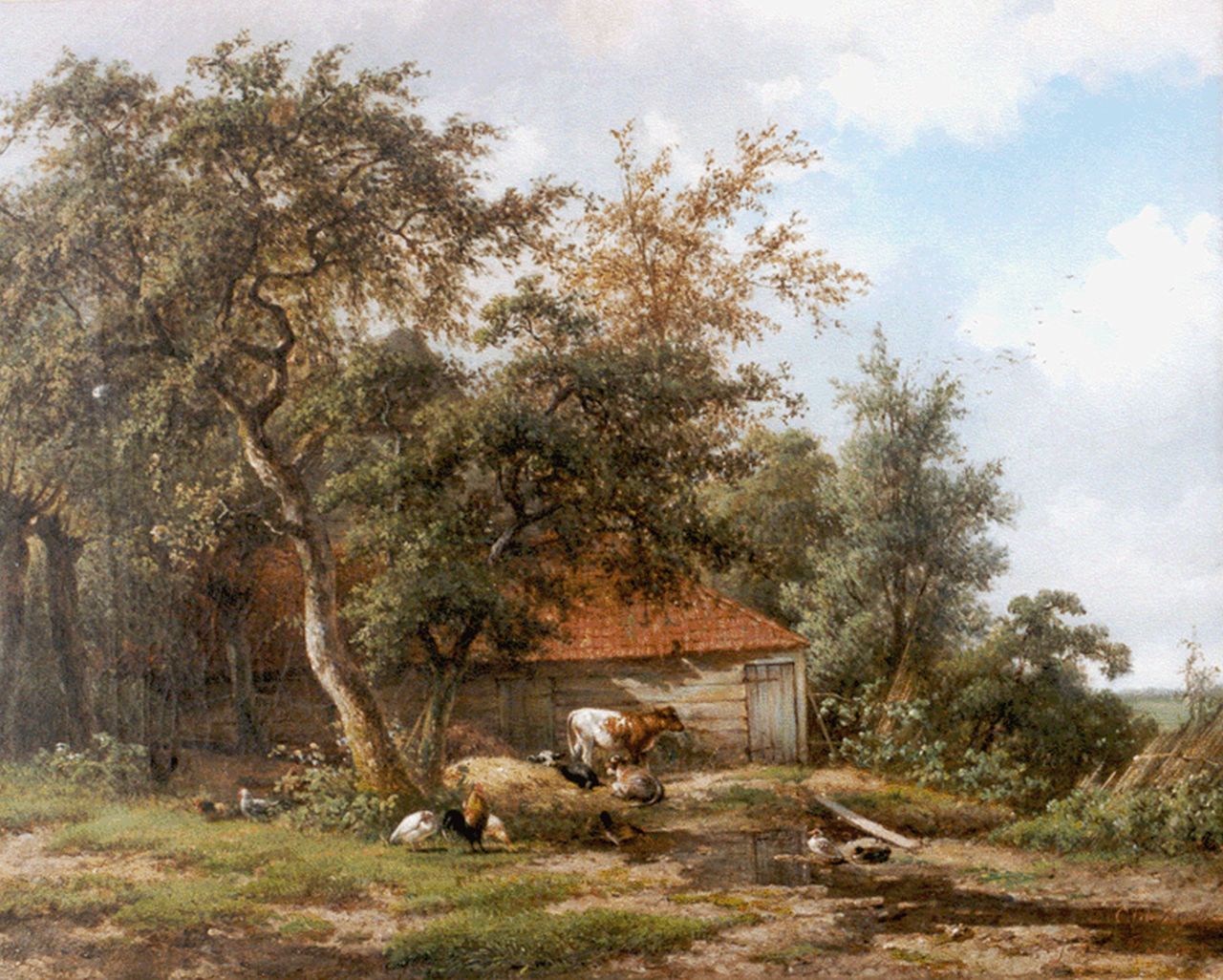 Vogel en Lebret C.J. de en F.  | Cornelis Johannes de en Frans Vogel en Lebret, Cattle and poultry, oil on canvas 46.8 x 57.0 cm, signed both l.r.