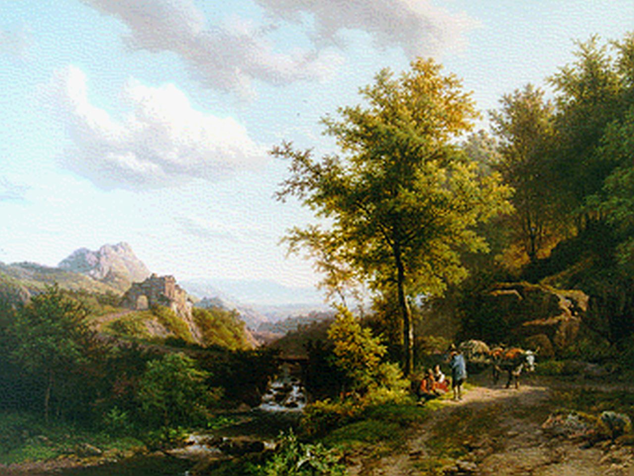 Koekkoek B.C.  | Barend Cornelis Koekkoek, Hilly landscape with resting peasant people under an oak, oil on panel 38.5 x 51.9 cm, signed l.r. and dated 1843