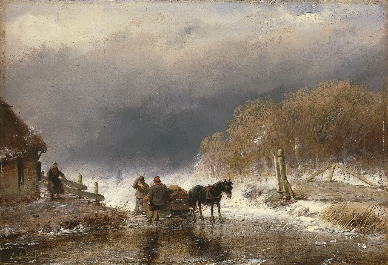 Schelfhout A.  | Andreas Schelfhout, Figuren en paard op het ijs, oil on panel 15.8 x 23.0 cm, gesigneerd linksonder