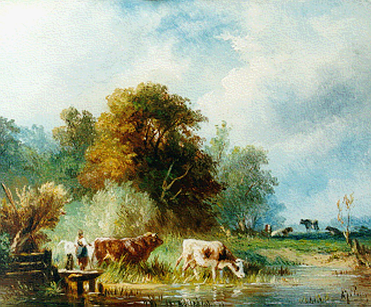 Prooijen A.J. van | Albert Jurardus van Prooijen, A polder landscape with cows watering, oil on panel 13.5 x 16.5 cm, signed l.r.