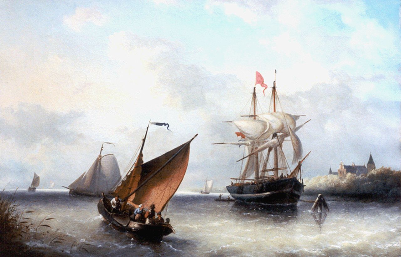 Riegen N.  | Nicolaas Riegen, Shipping in an estuary, oil on canvas 44.0 x 67.0 cm, signed l.l.