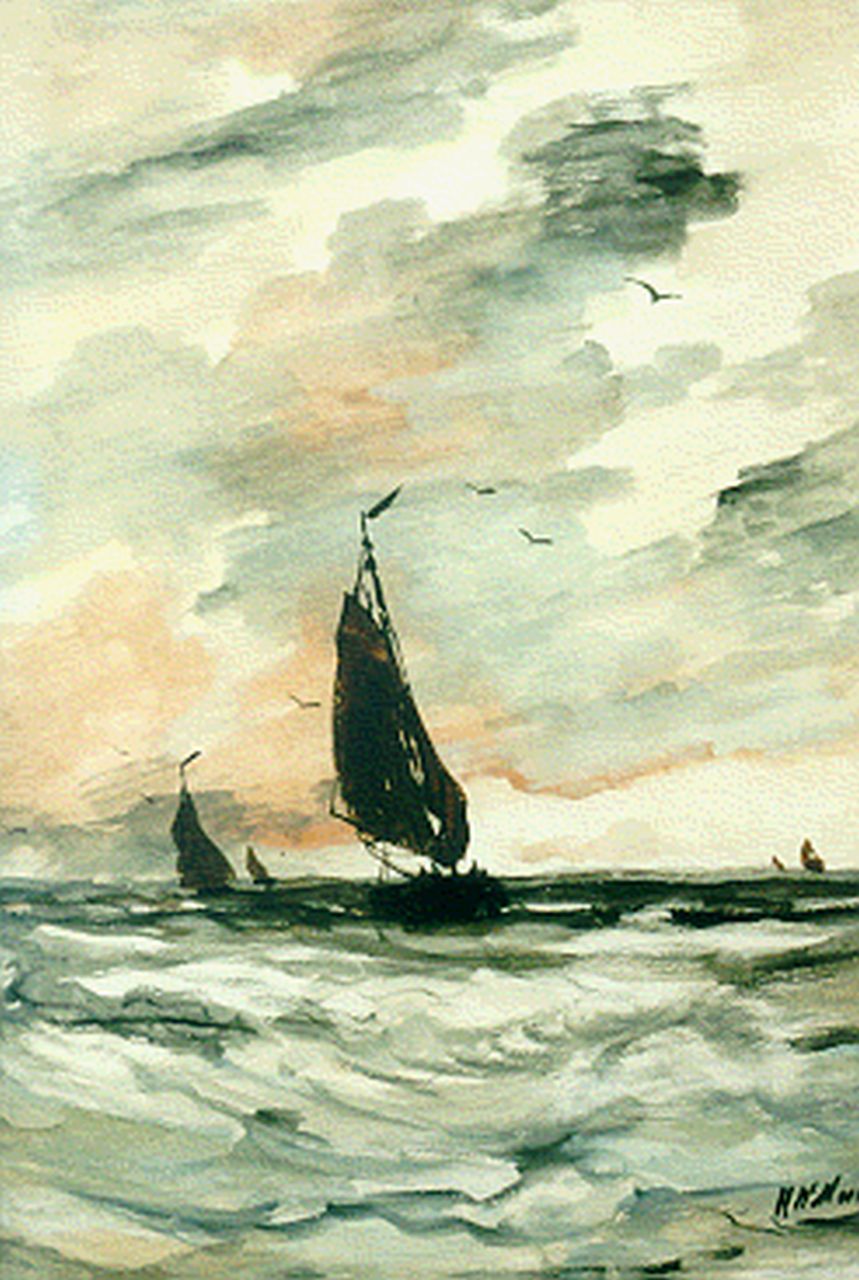 Mesdag H.W.  | Hendrik Willem Mesdag, Sailing vessels on choppy waters, watercolour on paper 54.9 x 38.4 cm, signed l.r.