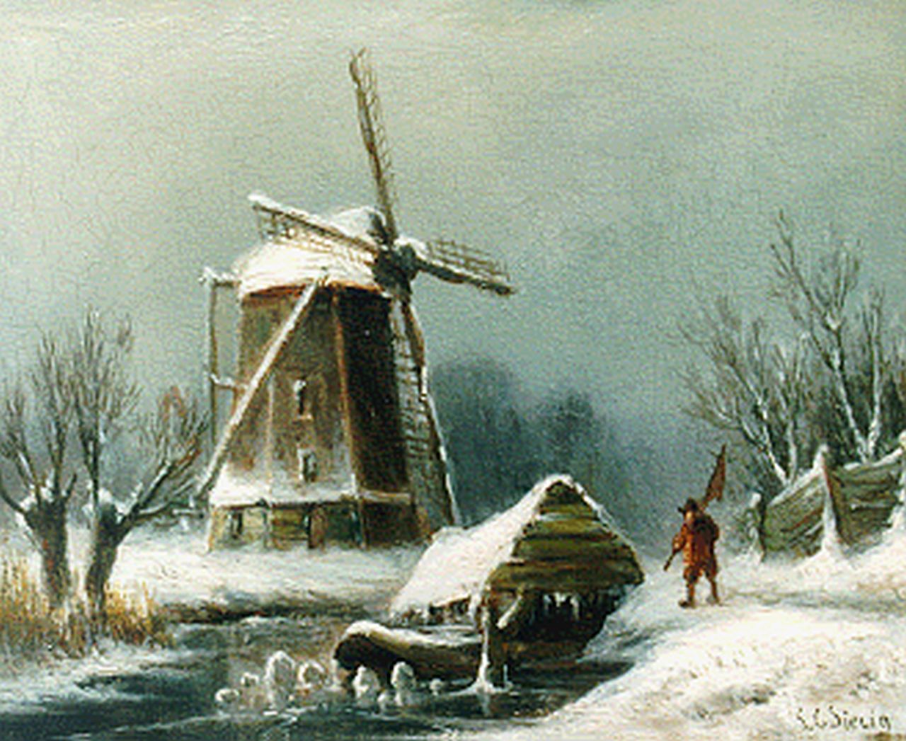 Sierich L.C.  | Ludwig Casimir 'Louis' Sierich, A winter landscape with windmill, oil on panel 13.3 x 16.4 cm, signed l.r.