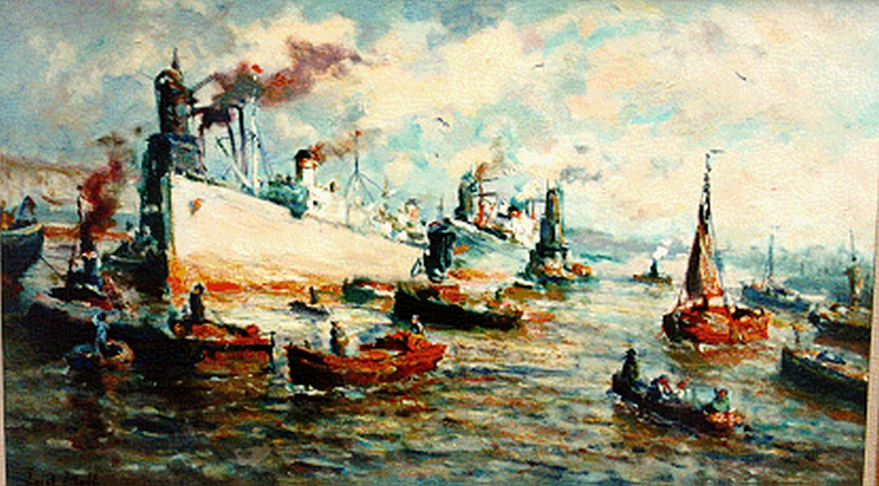 Moll E.  | Evert Moll, Harbour activities, Rotterdam, oil on canvas 60.0 x 100.0 cm, signed l.l.