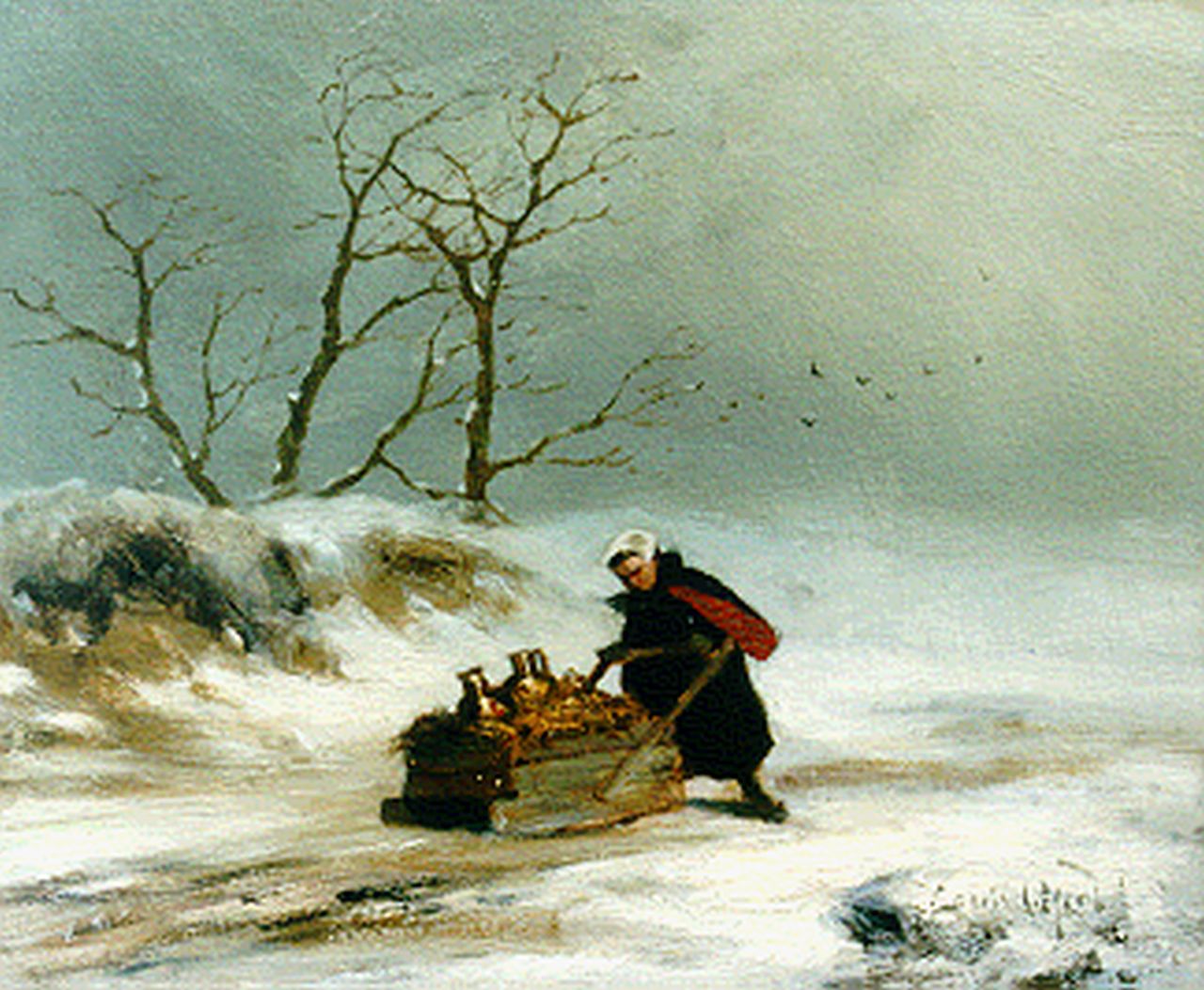 Apol L.F.H.  | Lodewijk Franciscus Hendrik 'Louis' Apol, Woman with sledge in winter, oil on panel 19.2 x 23.6 cm, signed l.r. and painted ca. 1872-1875