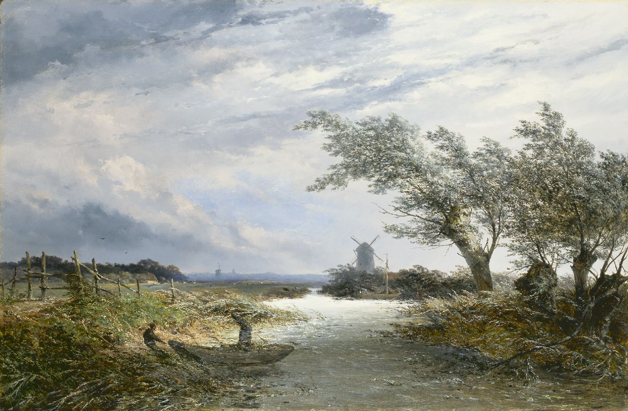 Hans J.G.  | Josephus Gerardus Hans, Landschap met knotwilgen en molen aan een sloot, oil on canvas 71.7 x 109.7 cm, gesigneerd rechtsonder and gedateerd '70