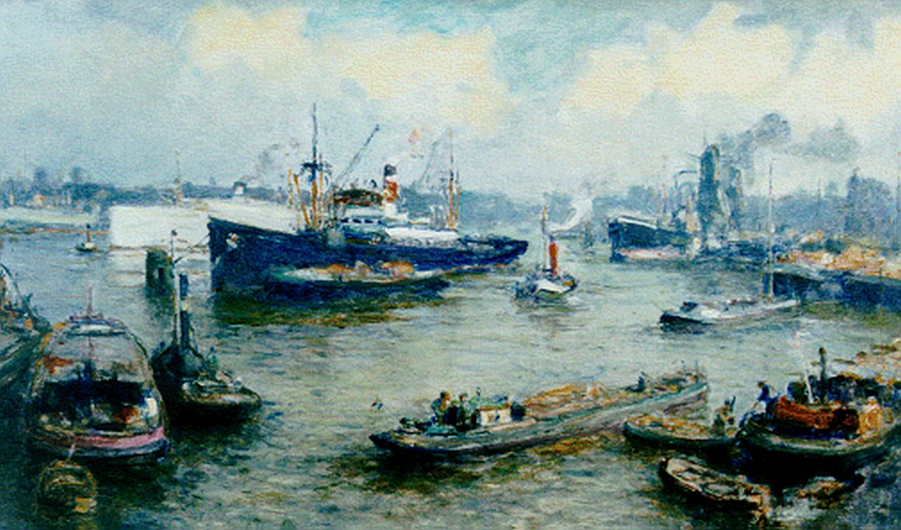 Moll E.  | Evert Moll, Harbour activities, Rotterdam, oil on canvas 59.6 x 99.8 cm, signed l.l.