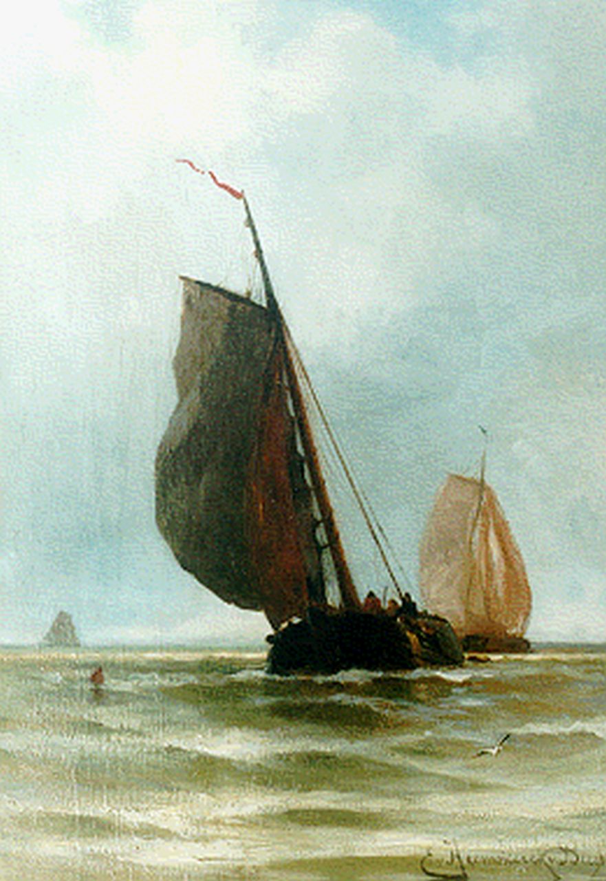 Heemskerck van Beest J.E. van | Jacob Eduard van Heemskerck van Beest, Flatboats at Sea, oil on panel 50.0 x 34.7 cm, signed l.r.