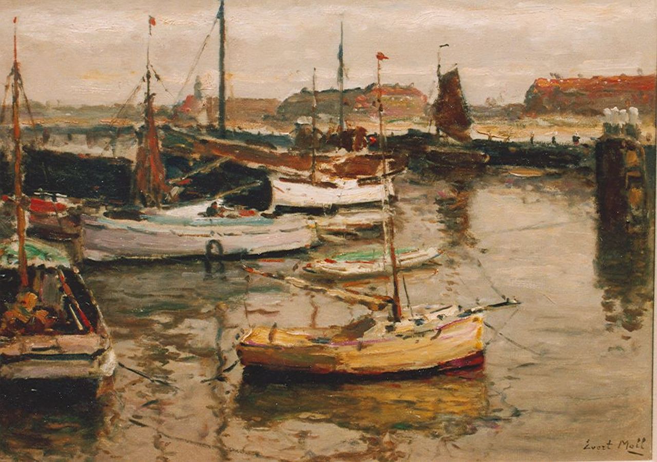 Moll E.  | Evert Moll, Moored sailing vessels, Scheveningen, oil on canvas 50.2 x 70.4 cm, signed l.r.