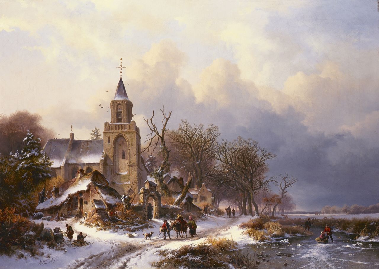Kruseman F.M.  | Frederik Marinus Kruseman, A winter landscape with figures on the ice, a church in the distance, oil on canvas 79.0 x 111.3 cm, signed l.l. and dated 1858