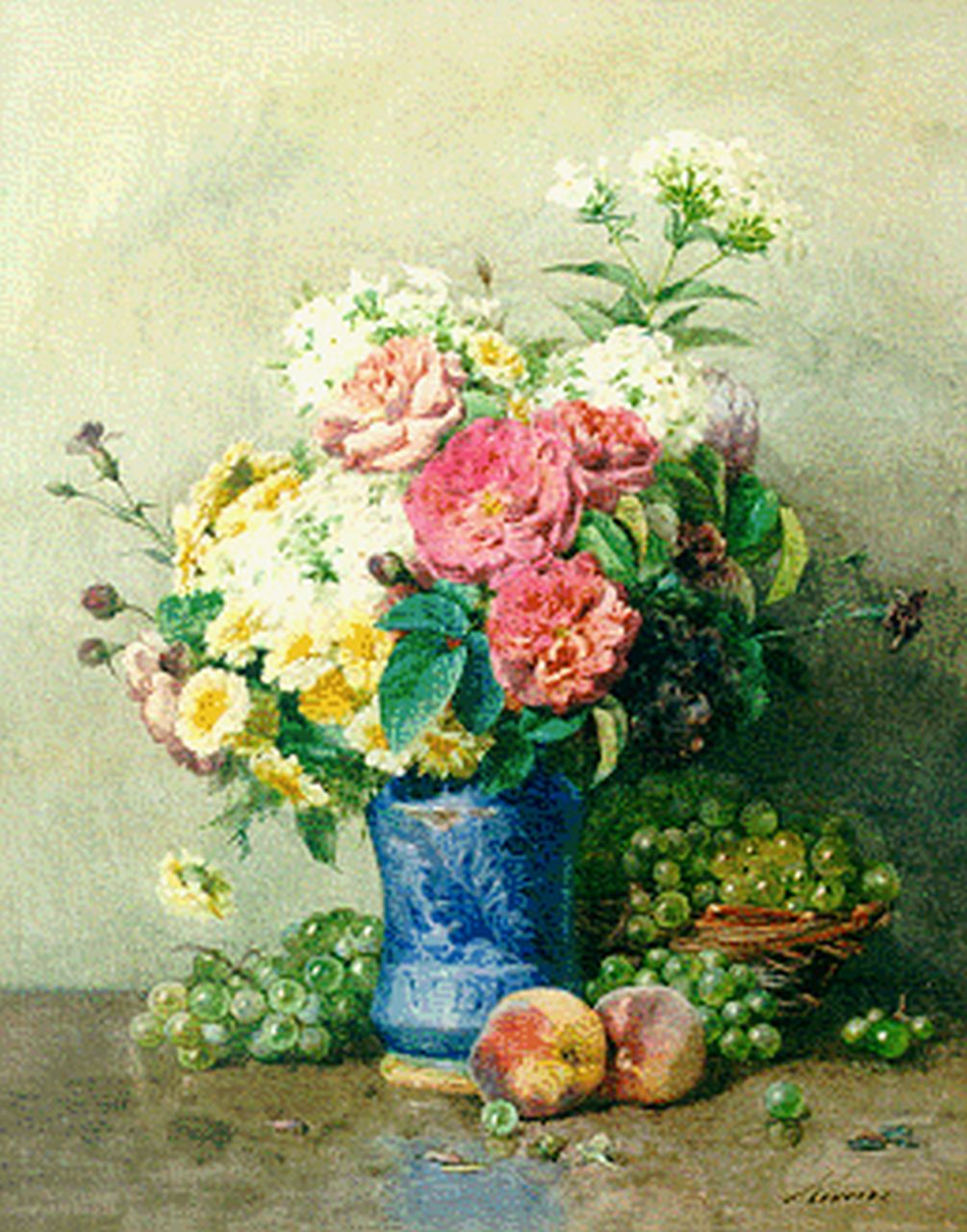 Rivoire F.  | François Rivoire, Still life with roses, phloxes and fruit, watercolour on paper 58.4 x 46.4 cm, signed l.r.