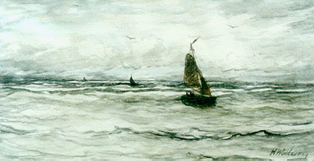 Mesdag H.W.  | Hendrik Willem Mesdag, 'Bomschuiten'  in full sail, watercolour on paper 36.3 x 65.7 cm, signed l.r.