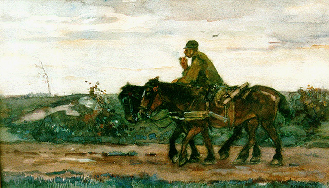 Akkeringa J.E.H.  | 'Johannes Evert' Hendrik Akkeringa, A farmer and horses, watercolour on paper 30.5 x 50.0 cm, signed l.r.