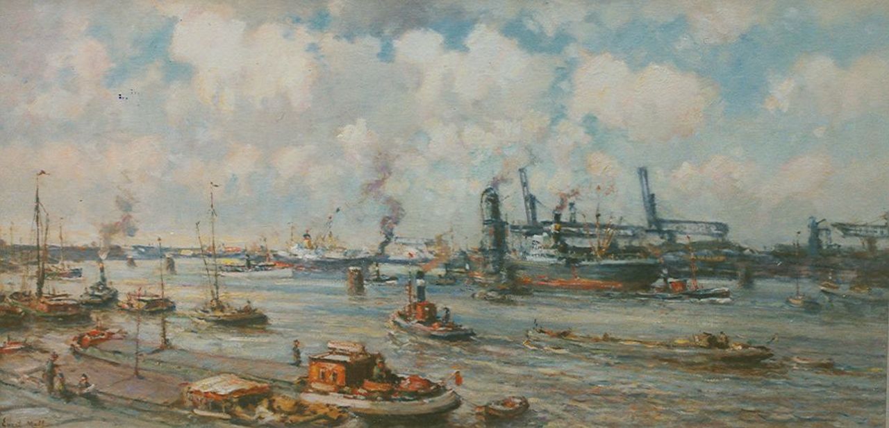 Moll E.  | Evert Moll, Shipping in the harbour, oil on canvas 63.5 x 125.2 cm, signed l.l.