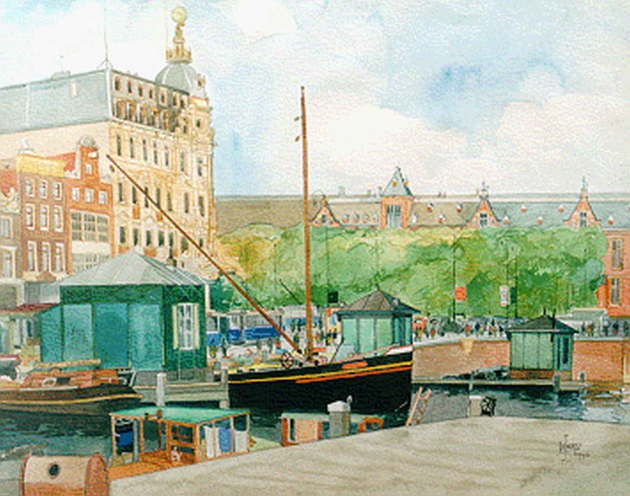 Wiertz H.L.  | Henri Louis 'Joub' Wiertz, View of the Central Station, Amsterdam, watercolour on paper 38.0 x 48.0 cm, signed l.r. and dated 1946