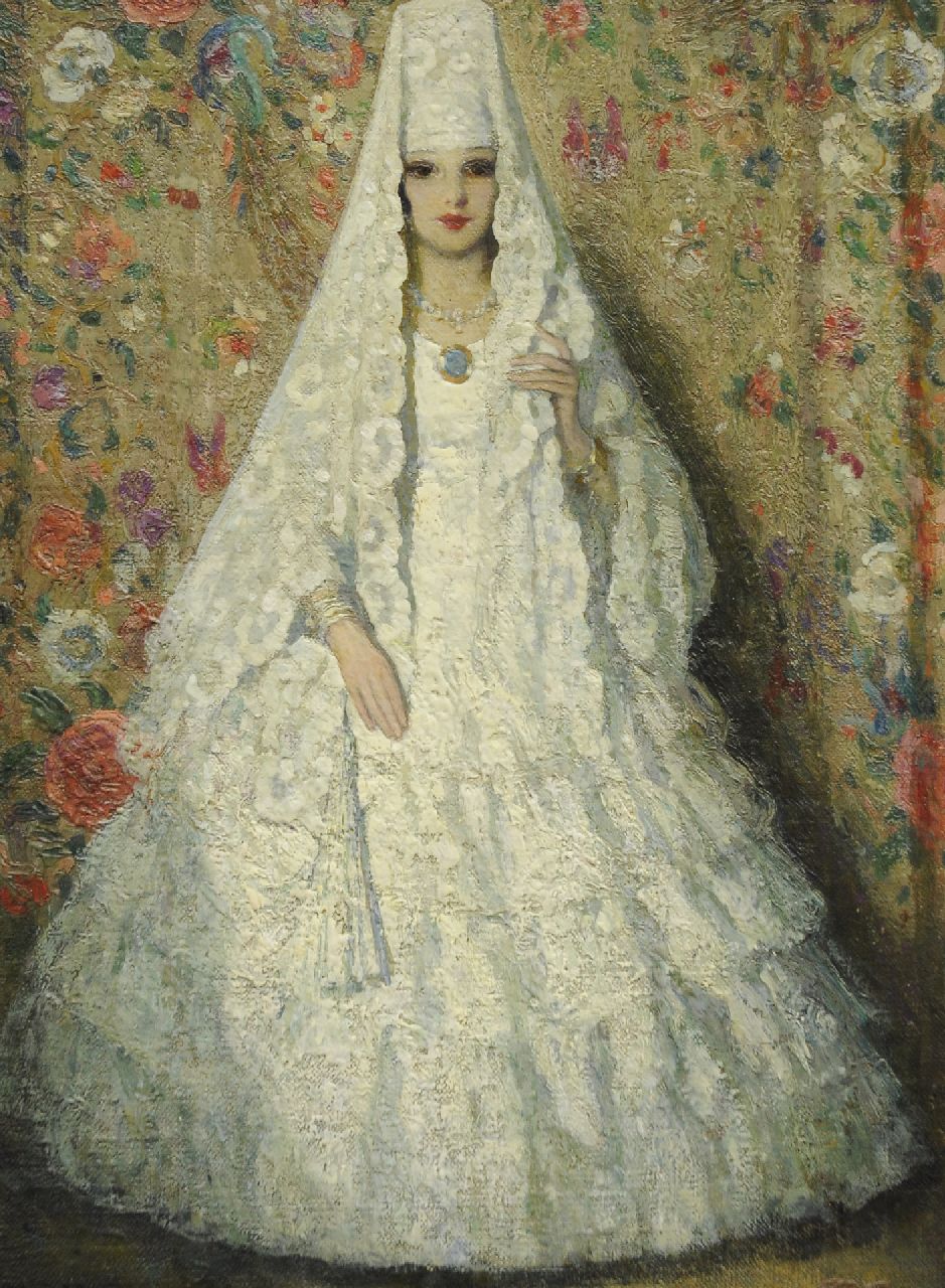 Mora F.L.  | Francis Luis Mora, Mantilla blanca, oil on canvas 40.5 x 30.5 cm, signed l.r.