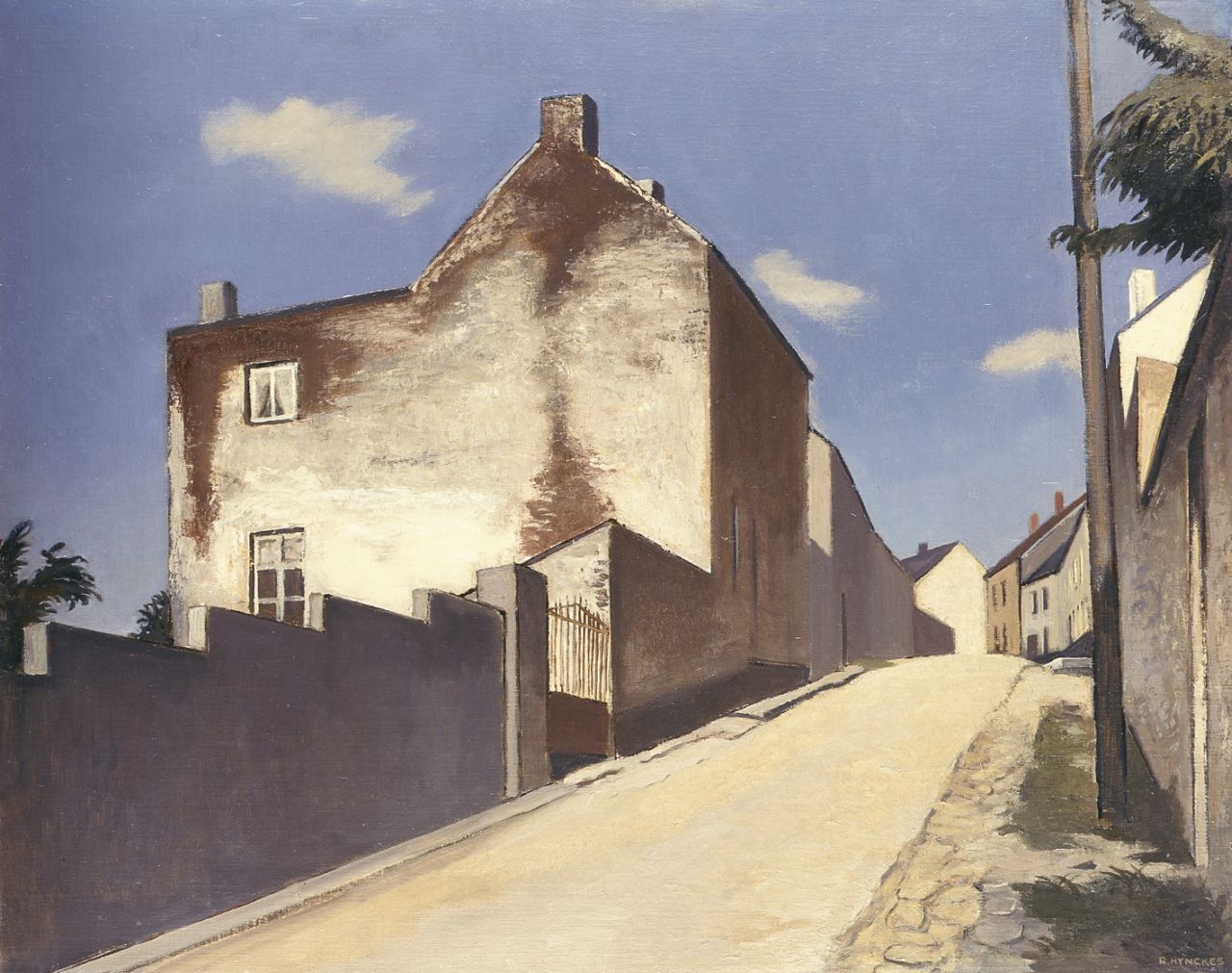 Hynckes R.  | Raoul Hynckes, A sunlit Dutch street, oil on canvas laid down on painter's board 52.0 x 64.9 cm, signed l.r.