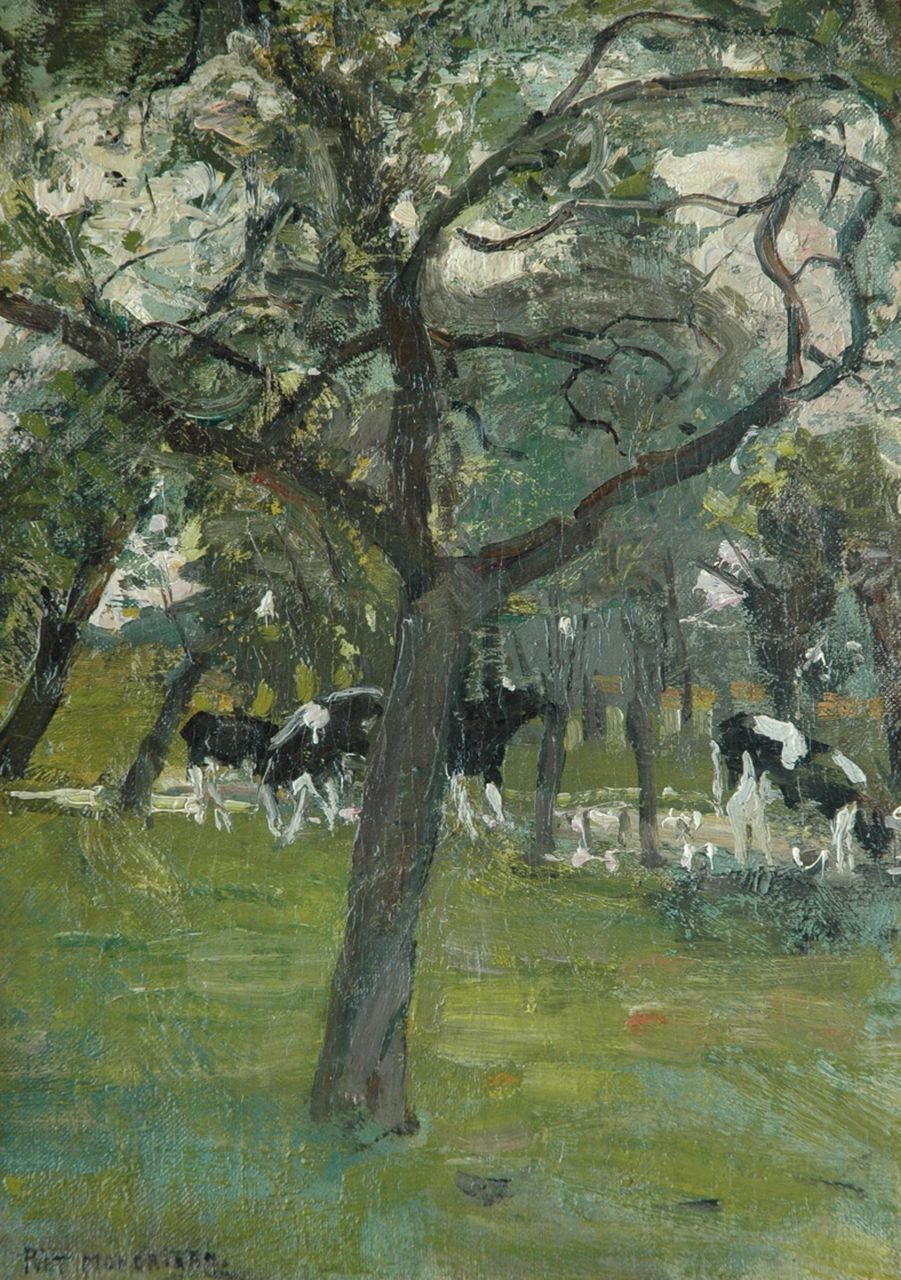 Mondriaan P.C.  | Pieter Cornelis 'Piet' Mondriaan, Cows by a stream, oil on canvas laid down on painter's board 37.4 x 27.1 cm, signed l.l. and painted between 1902-1905