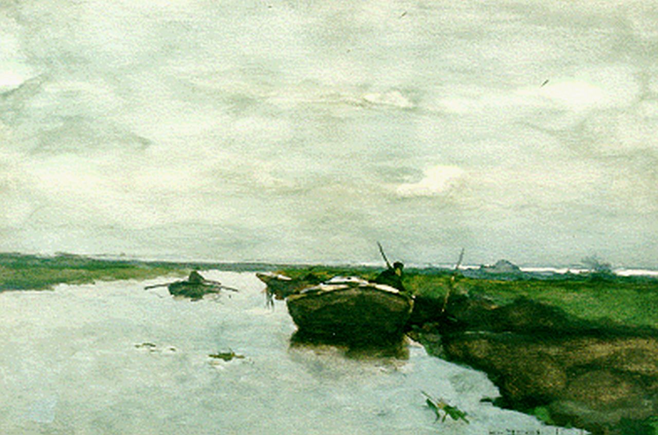 Weissenbruch H.J.  | Hendrik Johannes 'J.H.' Weissenbruch, A polder landscape, watercolour on paper 35.5 x 53.2 cm, signed l.r.