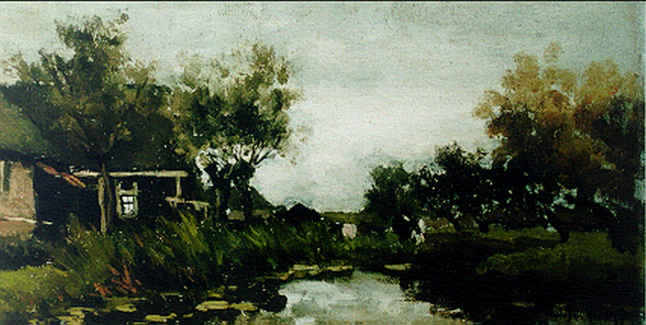 Weissenbruch H.J.  | Hendrik Johannes 'J.H.' Weissenbruch, A farm along a river, oil on canvas laid down on panel 20.0 x 38.3 cm, signed l.r.