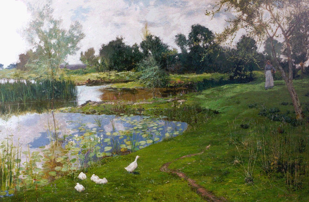 John G. Sowerby | A meadow with ducks in summer, oil on canvas, 103.0 x 152.5 cm, signed l.r.