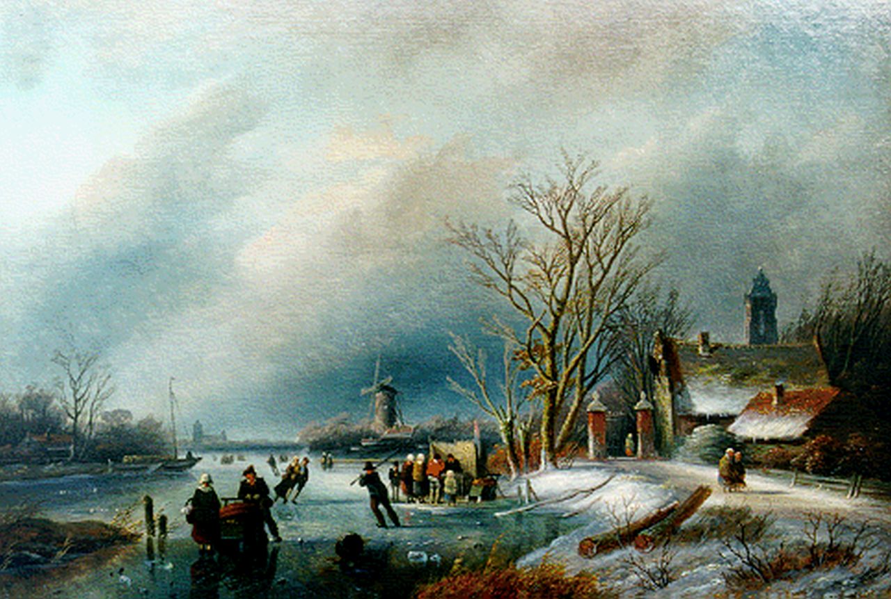 Spohler J.J.  | Jan Jacob Spohler, Skaters on the ice and a 'koek and zopie', oil on panel 25.6 x 38.3 cm, signed l.l.