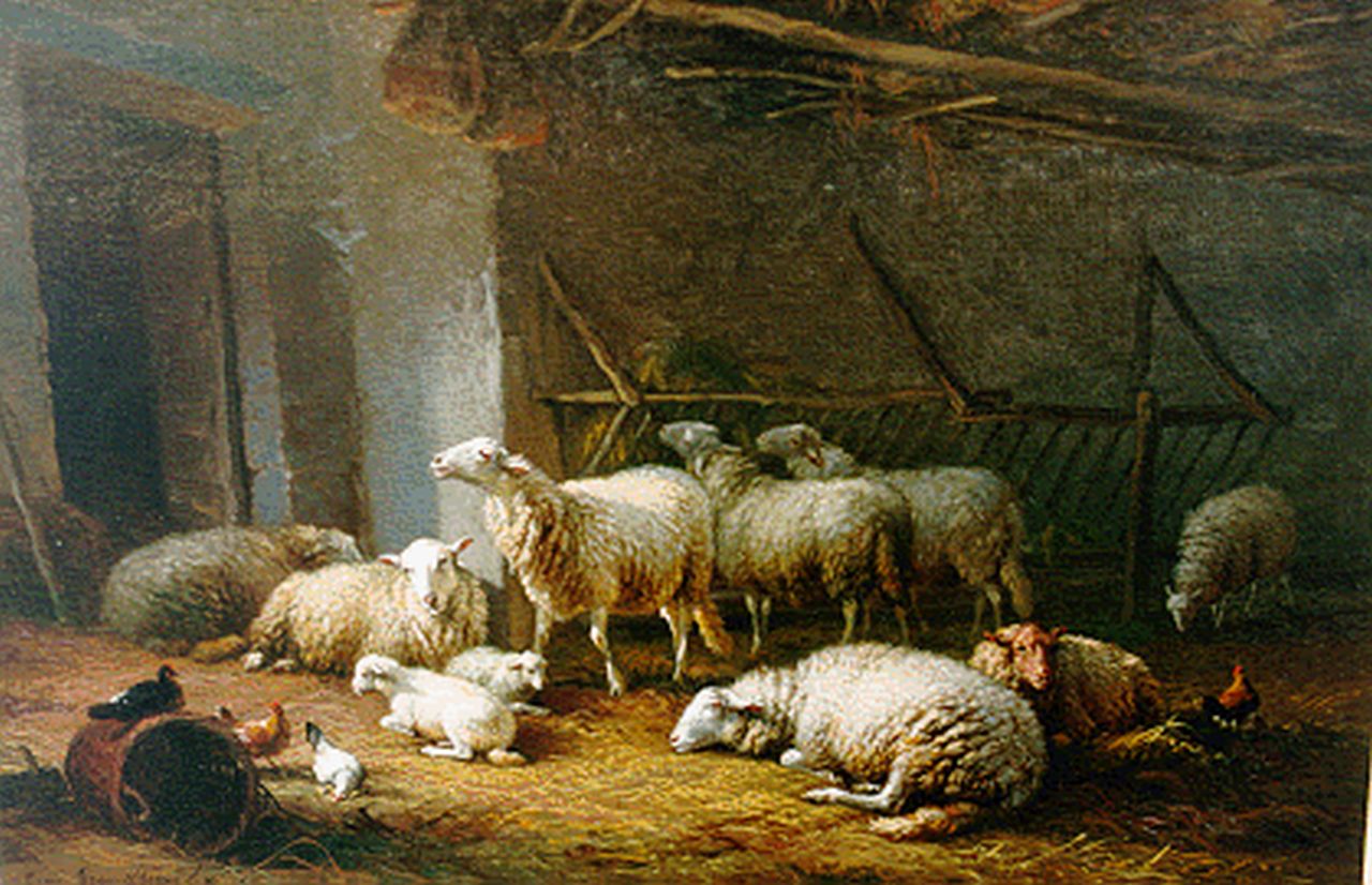 Verboeckhoven E.J.  | Eugène Joseph Verboeckhoven, Poultry and sheep in a stable, oil on canvas 32.5 x 48.2 cm, signed l.l. and dated 1860