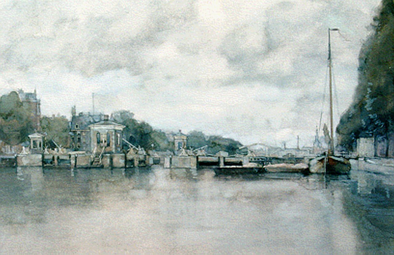 Muller G.G.  | 'Gerard' Gustaaf Muller, River locks in the Amstel with the Royal Theater Carré, Amsterdam, watercolour on paper 33.0 x 48.5 cm, signed l.l.