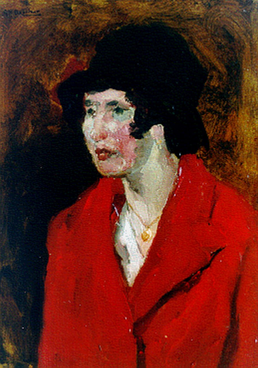 Breitner G.H.  | George Hendrik Breitner, A lady with a red coat, oil on panel 39.5 x 29.0 cm, signed u.l.