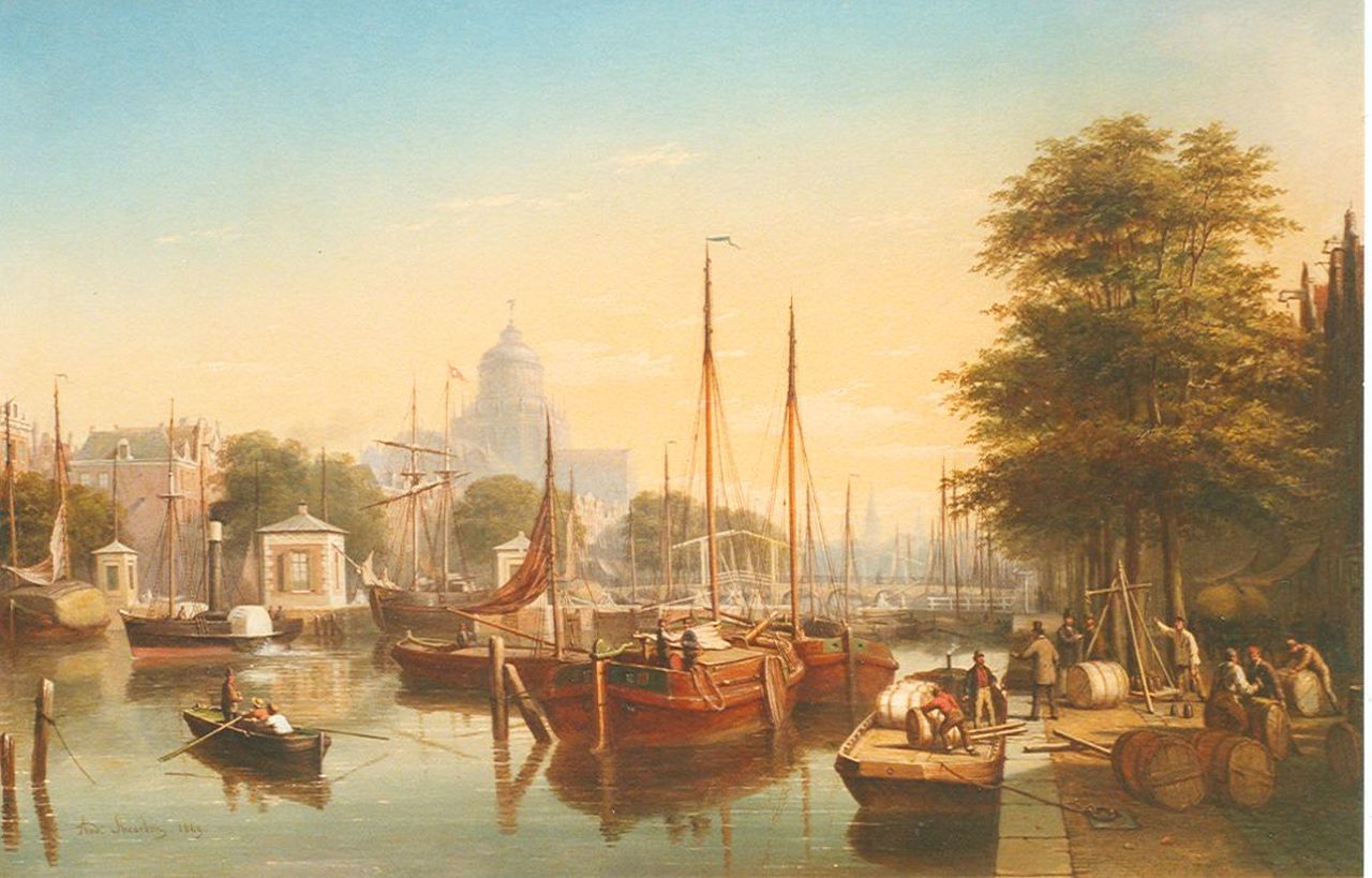 Scheerboom A.  | Andries Scheerboom, View of the Amstel, with the 'Paleis van Volksvlijt'  beyond, oil on canvas 60.4 x 91.6 cm, dated 1869