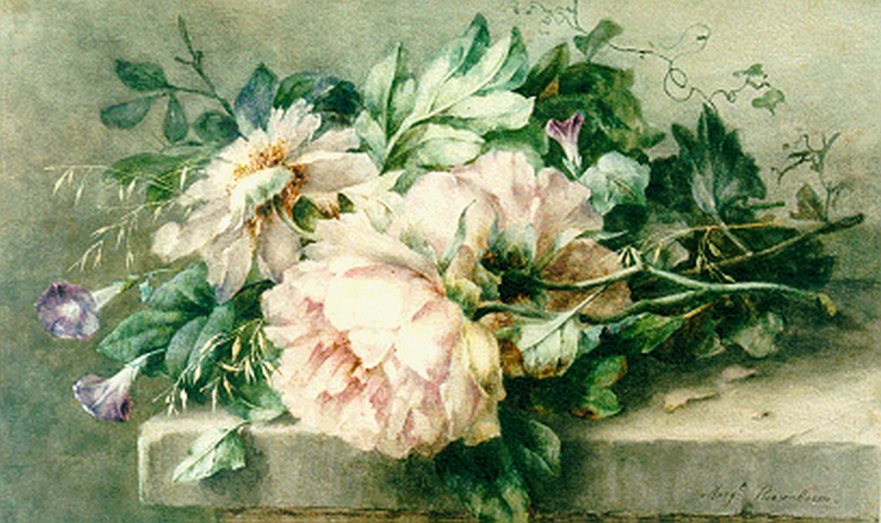 Roosenboom M.C.J.W.H.  | 'Margaretha' Cornelia Johanna Wilhelmina Henriëtta Roosenboom, A still life with peonies and hedge bindweed, watercolour on paper 40.6 x 65.2 cm, signed l.r.