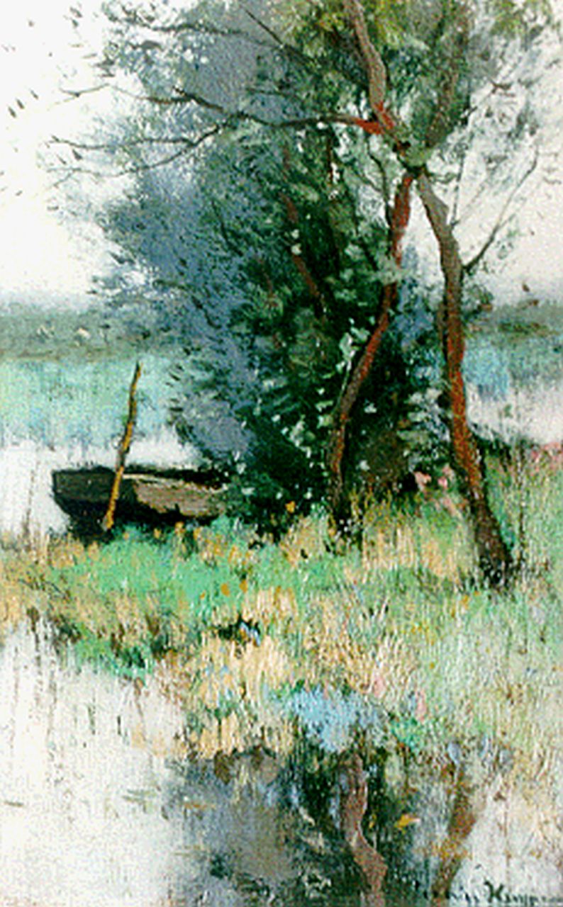 Kuijpers C.  | Cornelis Kuijpers, A moored barge in a polder landscape, oil on canvas 20.7 x 13.2 cm, signed l.r.