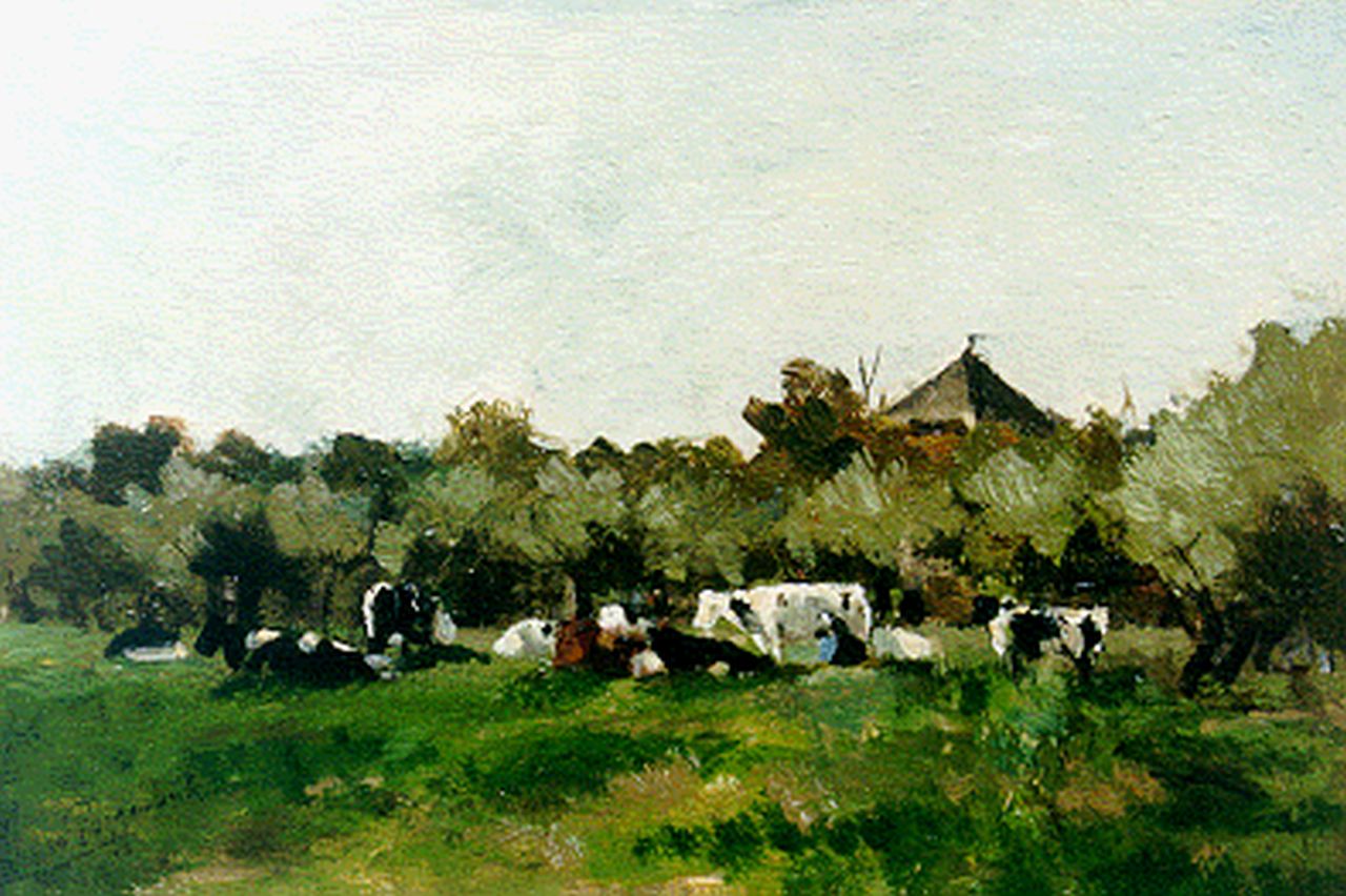 Poggenbeek G.J.H.  | George Jan Hendrik 'Geo' Poggenbeek, Milking the cows, 18.1 x 27.0 cm, signed l.l.