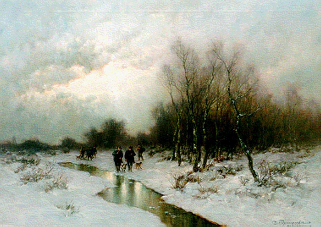 Thomassin D.  | Désiré Thomassin, Hunters in a winter landscape, oil on canvas 49.7 x 69.7 cm, signed l.r.