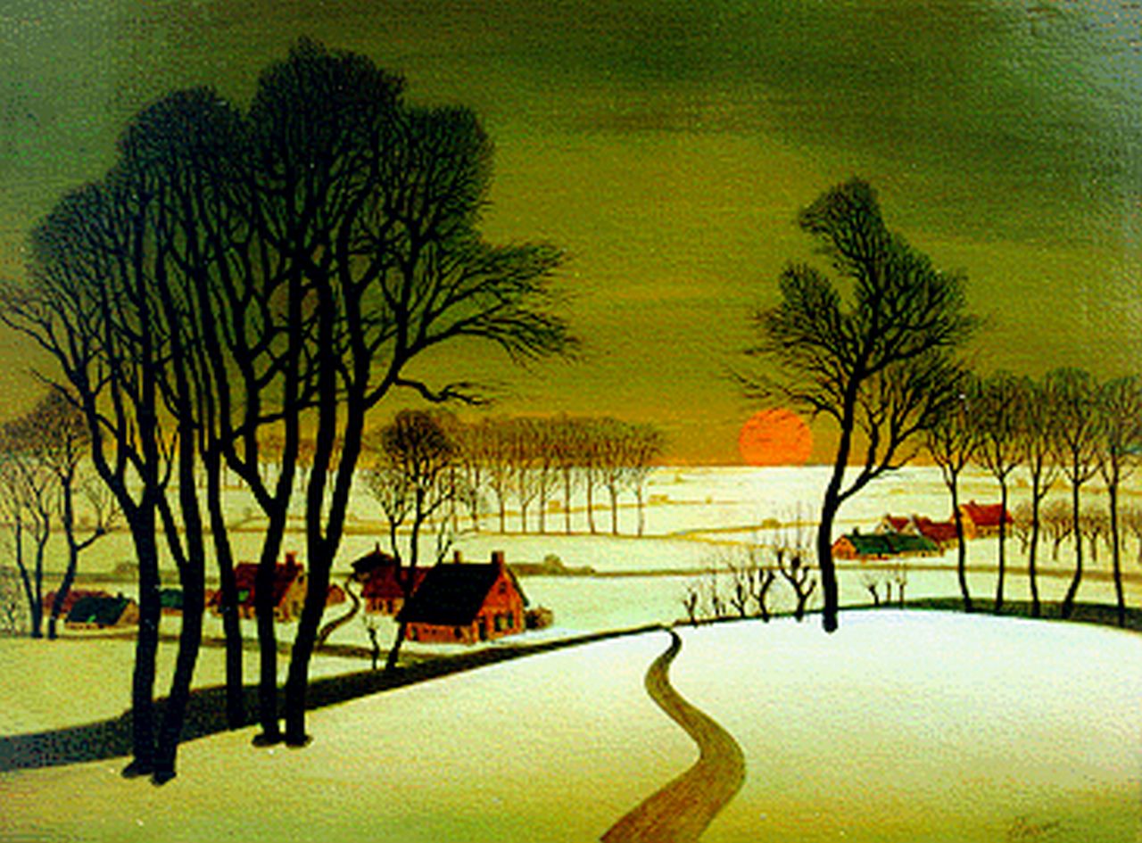 Kuppens J.H.  | Jan Hendrik Kuppens, A winter landscape by sunset, oil on panel 15.0 x 20.0 cm, signed l.r.